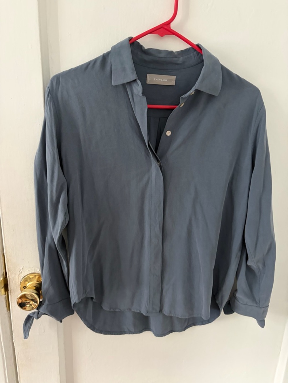 Everlane Washable Silk Button Down Blouse Blue Tie Sleeves Size 2